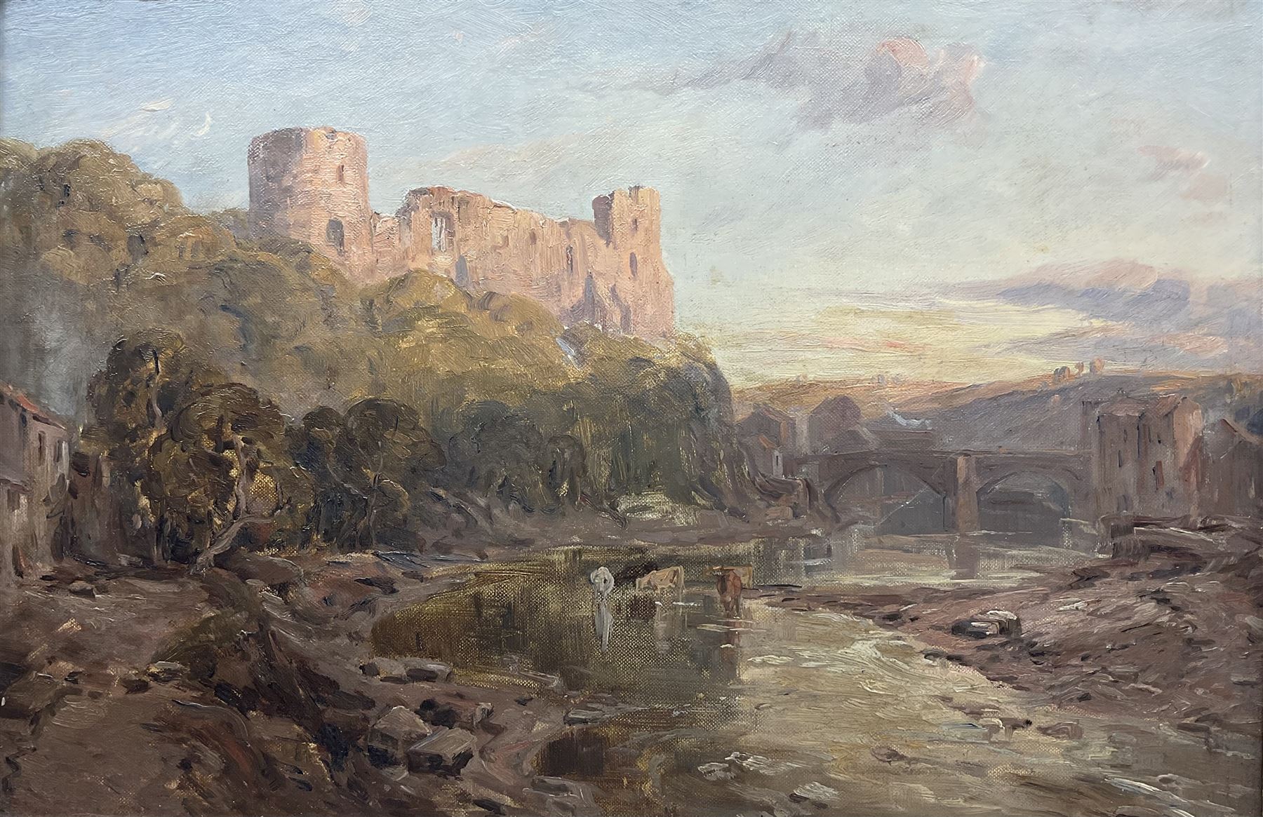 English School (Early 20th Century): Sun Rising - 'Barnard Castle', oil on board unsigned 34cm x 52cm 