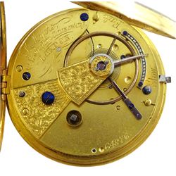 Victorian 18ct gold open face English lever fusee pocket watch by Soloman Myers, London, No.64876, gilt dial with Roman numerals and subsidiary seconds dial, case makers mark J R, London 1870
