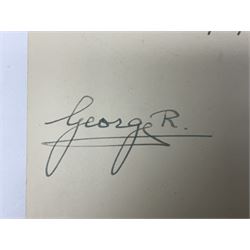 King George VI and Queen Elizabeth - signed 1949 Christmas card with gilt embossed crown to cover, black and white photograph to the interior, of The King and Queen riding in an open carriage to their Silver Wedding Celebration, signed 'George R. Elizabeth R.'