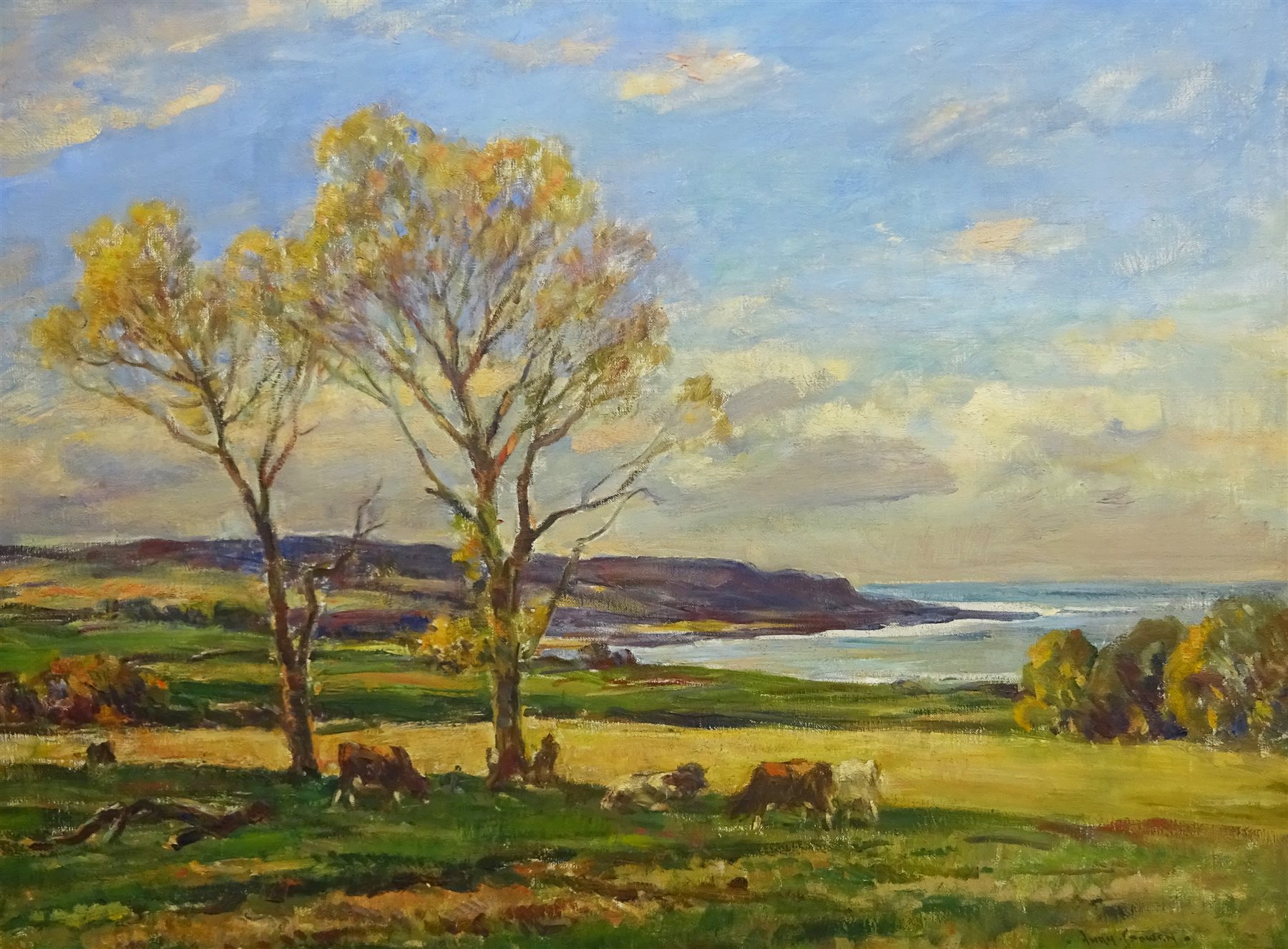 Owen Bowen (Staithes Group 1873-1967): Cattle Grazing on the Banks of the Solway Firth, oil on canvas signed 75cm x 100cm

