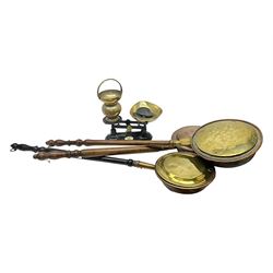 Set of Weylux Prince cast iron and brass weighing scales with weights, together with three copper and brass warming pans and other metal ware