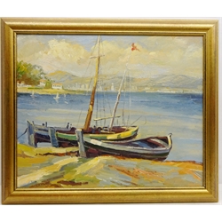  Moored Fishing Boats, 20th century continental oil on board unsigned 50cm x 61.5cm  