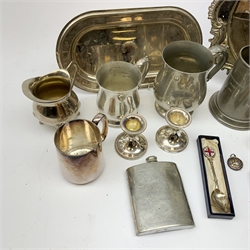  A pair of silver napkin rings, with engine turned decoration and initialled cartouche, hallmarked Charles S Green & Co Ltd, Birmingham 1939 and 1940, together with another silver example with foliate engraved detail, hallmarked Chester 1913, a modern RNLI silver souvenir spoon, plus a selection of assorted silver plate and pewter, to include tankards, dwarf candlesticks, waiter, etc.  
