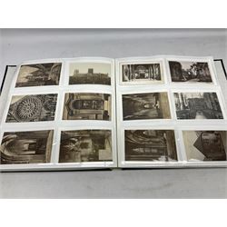 Modern album containing over four hundred Edwardian and later postcards including churches and church interiors, real photographic and printed topographical, shipping and boats, still life studies, locomotives etc