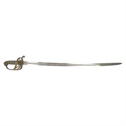 British Victorian 1845 Pattern Infantry Officer's Sword, by Henry Wilkinson, the 81cm blade by Henry Wilkinson, etched with the crowned VR cypher amidst scrolling foliage,folding sideguard, wire bound fishskin covered grip, within brass scabbard, twin suspension rings, overall L100cm
