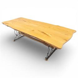 Paul Hodgkiss Designs of Glasgow - contemporary shaped elm dining table with wrought iron base; with set ten (8+2) matching high-back dining chairs, table of organic form above an elaborate wrought iron supports, with central elm stretcher, the chairs with en suite with matching wrought iron work burred elm headrest, purple velour upholstery with drop in seat     

Table: W 102cm, L 243cm, H 74cm
Chairs: W 56cm, D 52cm, H 130cm