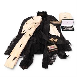 Victorian opera coat, black silk, lace and bead work, together with ermine muff, collar an...