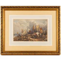 English School (19th century): Fisherfolk Gathered at Shore, watercolour unsigned 20.5cm x 32cm