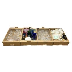 Collection of assorted coloured glassware and ceramics, including chrome barley-twist table lamp with mottled pink shade, Crested ware, Royal Worcester soup bowls and plate, pair of hand painted vases etc in four boxes