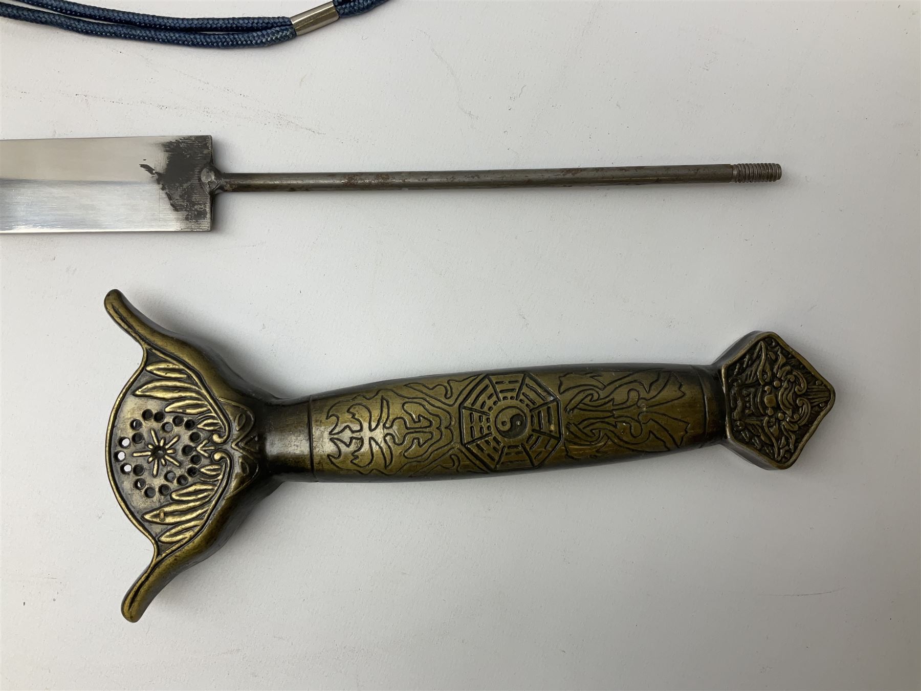 Three reproduction swords - Japanese katana and saya; Tai Chi sword with ornate scabbard; and dress sword with fullered triangular blade and horn handle (3)