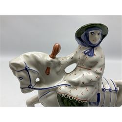 Rye pottery figure modelled as a lady upon a horse, with printed marks beneath, H19cm