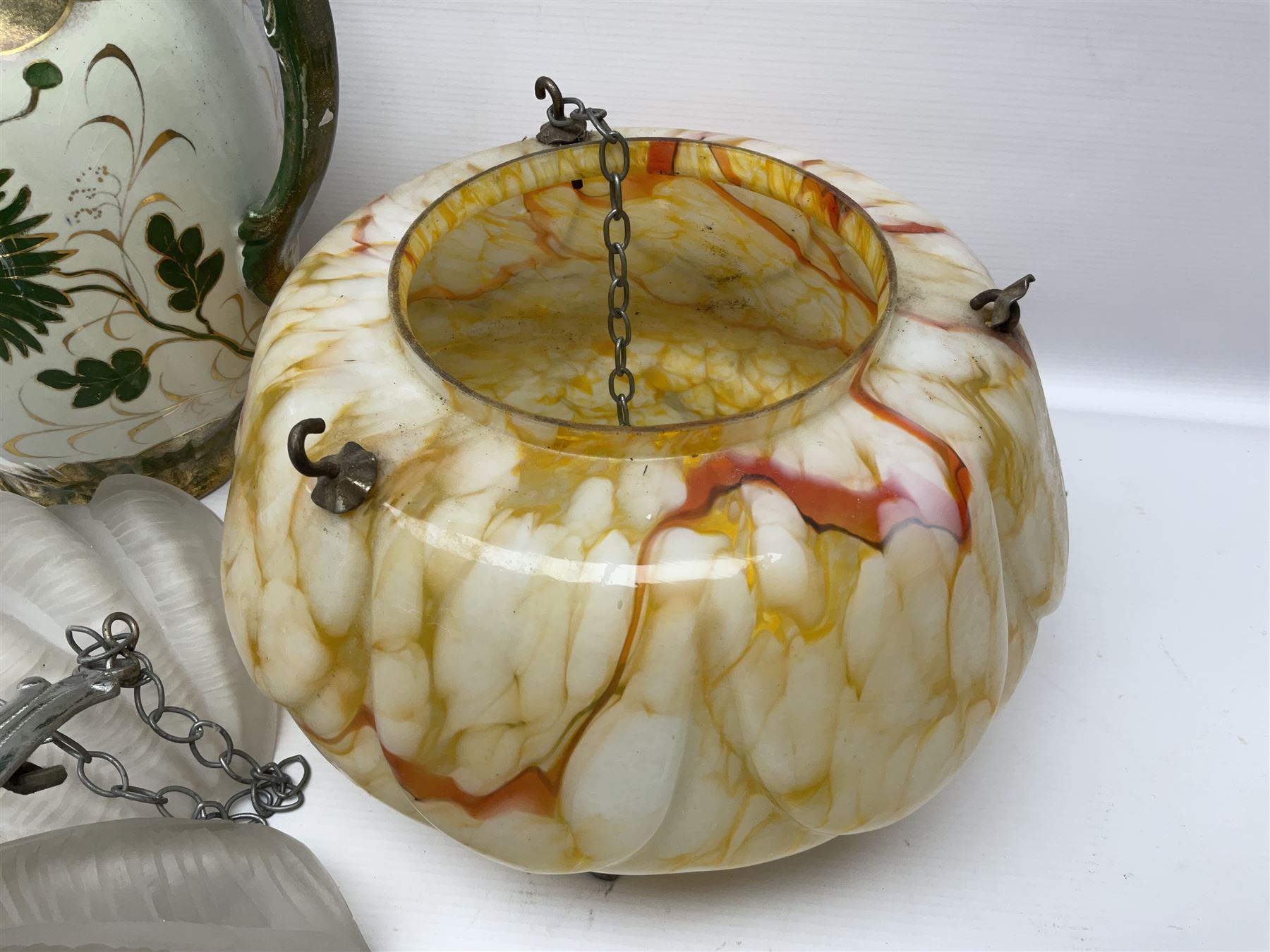 Two Art Deco mottled glass fly catcher ceiling light shades, together with two other 1930s moulded glass ceiling light shades and two Victorian style wash jugs, largest shade D33cm