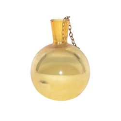 Two gold coloured glass witches ball, one with bottle neck, the other with metal hanging pendant, largest D18cm