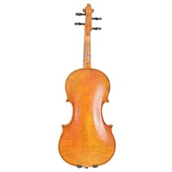 Full size-French 20th century violin, light maple case with chin rest and ebonised tuning pegs and fittings, baize lined hard case, no bow.