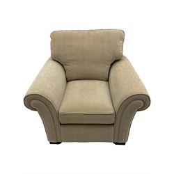 Alstons two seat sofa bed, sprung metal action, upholstered in beige fabric; and matching armchair