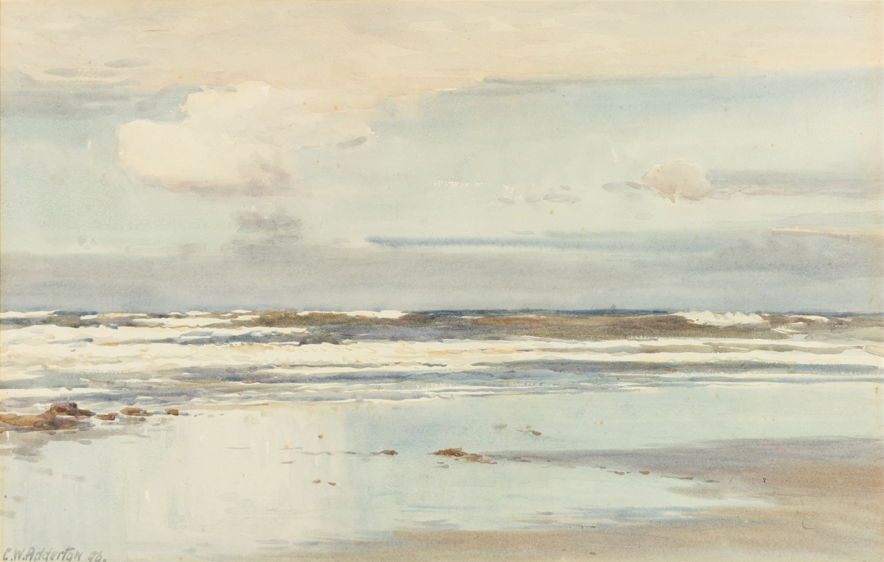 Charles William Adderton (British 1866-1944): Waves Lapping at the Shore, watercolour signed and dated '96, 32cm x 51cm 
Provenance: private collection, purchased David Duggleby Ltd 
25th November 2022 Lot 126