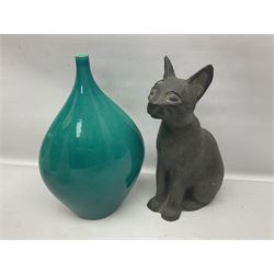 Studio pottery, to include set of four goblets, squat vase and large vase decorated with birds amongst leaves, together with pair of twin handled vases with grape decoration, cat figure, etc, large vase H28cm