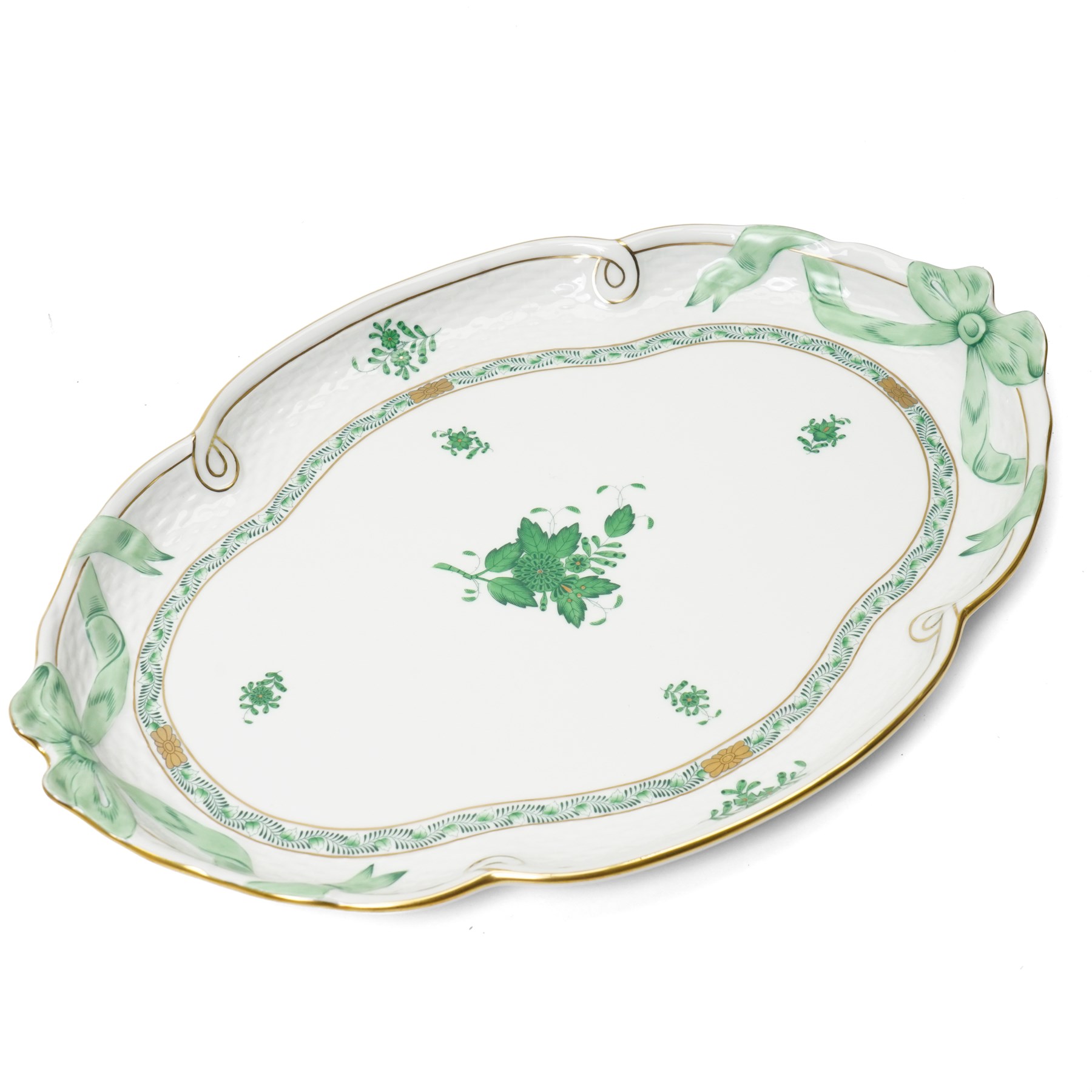 Herend porcelain Tete a Tete decorated in the green Chinese Bouquet pattern, comprising cabaret tray, two cups and saucers, tea pot, leaf shape bowl and milk jug