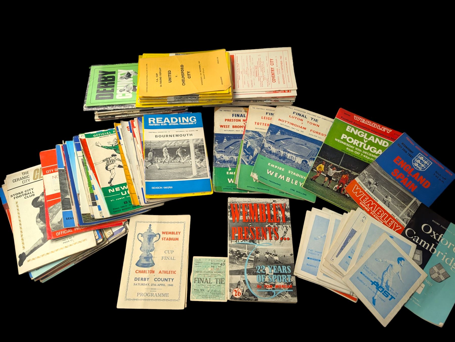 1946 FA Cup Final football programme Derby County vs Charlton Athletic with a ticket stub for the final, together with approximately 170 football programmes from 1950s-1970s, including FA Cup and International examples
