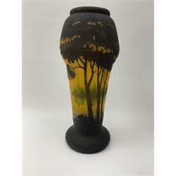 Reproduction Daum Nancy art nouveau style overlay and cut glass vase  decorated with woodland and a lake scene on a yellow ground, H35cm. 