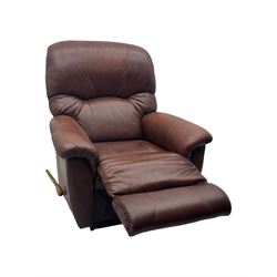 La-Z-Boy - manual reclining three piece suite - two seater sofa (W165cm, H105cm); and two armchairs (W98cm), upholstered in brown leatherette
