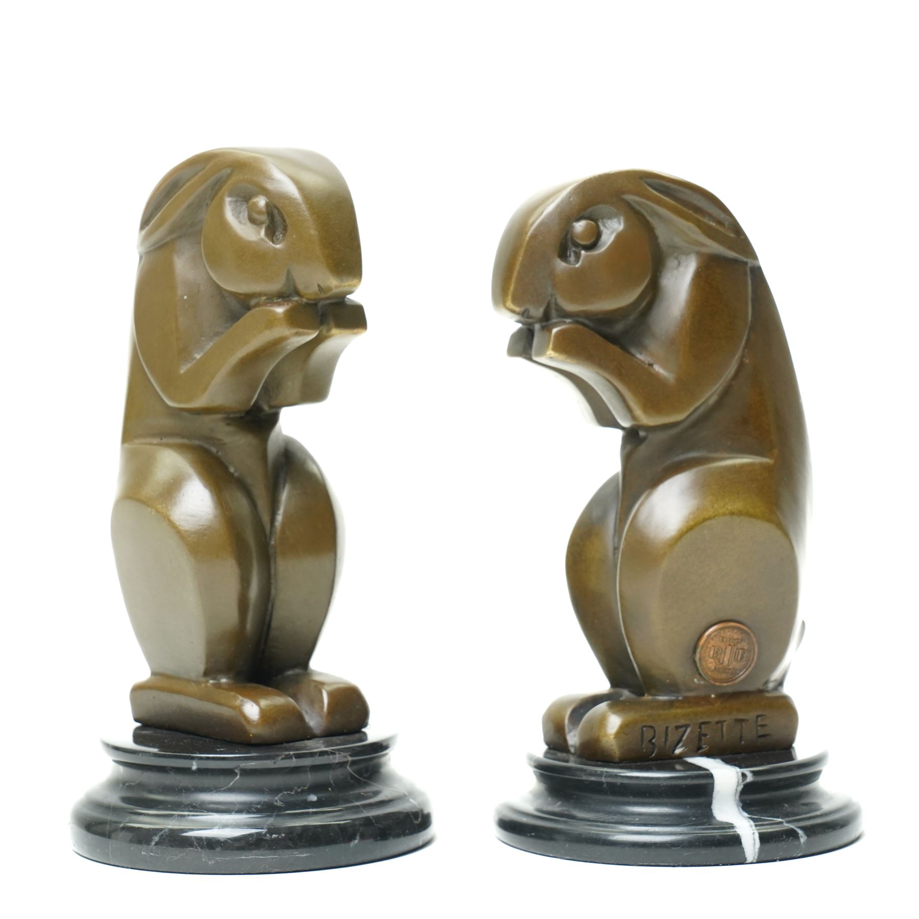 After André Bizette-Lindet - pair of Art Deco style bronze rabbits, bearing signature and foundry stamp, overall H16cm (2)