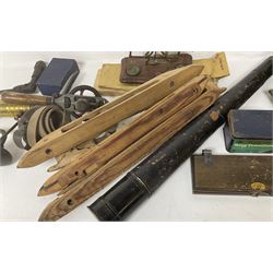 Brass telescope, together with various other collectables, to include mosley tie press, metal tins, oil cans etc 