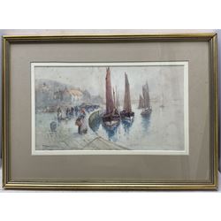 Frank Rousse (British fl.1897-1917): Figures and Boats in Whitby Harbour, watercolour signed 21cm x 38cm