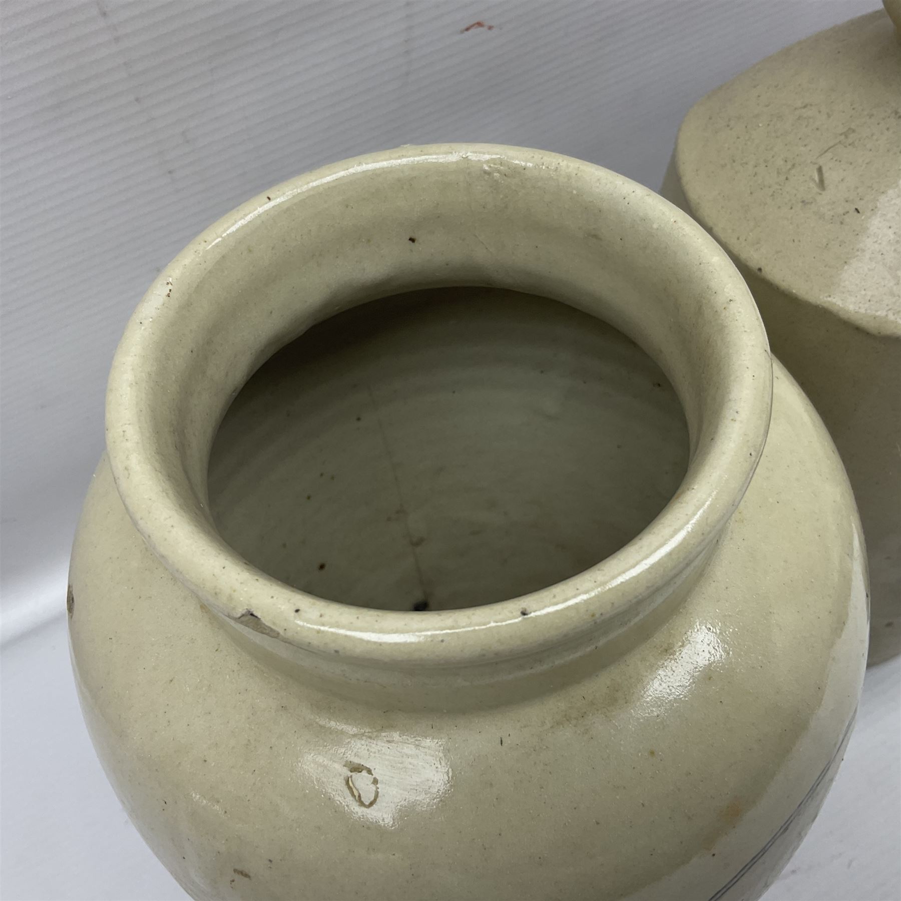 Virol bone marrow stoneware jar, two stoneware hot water bottles and a collection of small apothecary bottles to include amber and green glass examples, some with stoppers and labels, jar H24cm