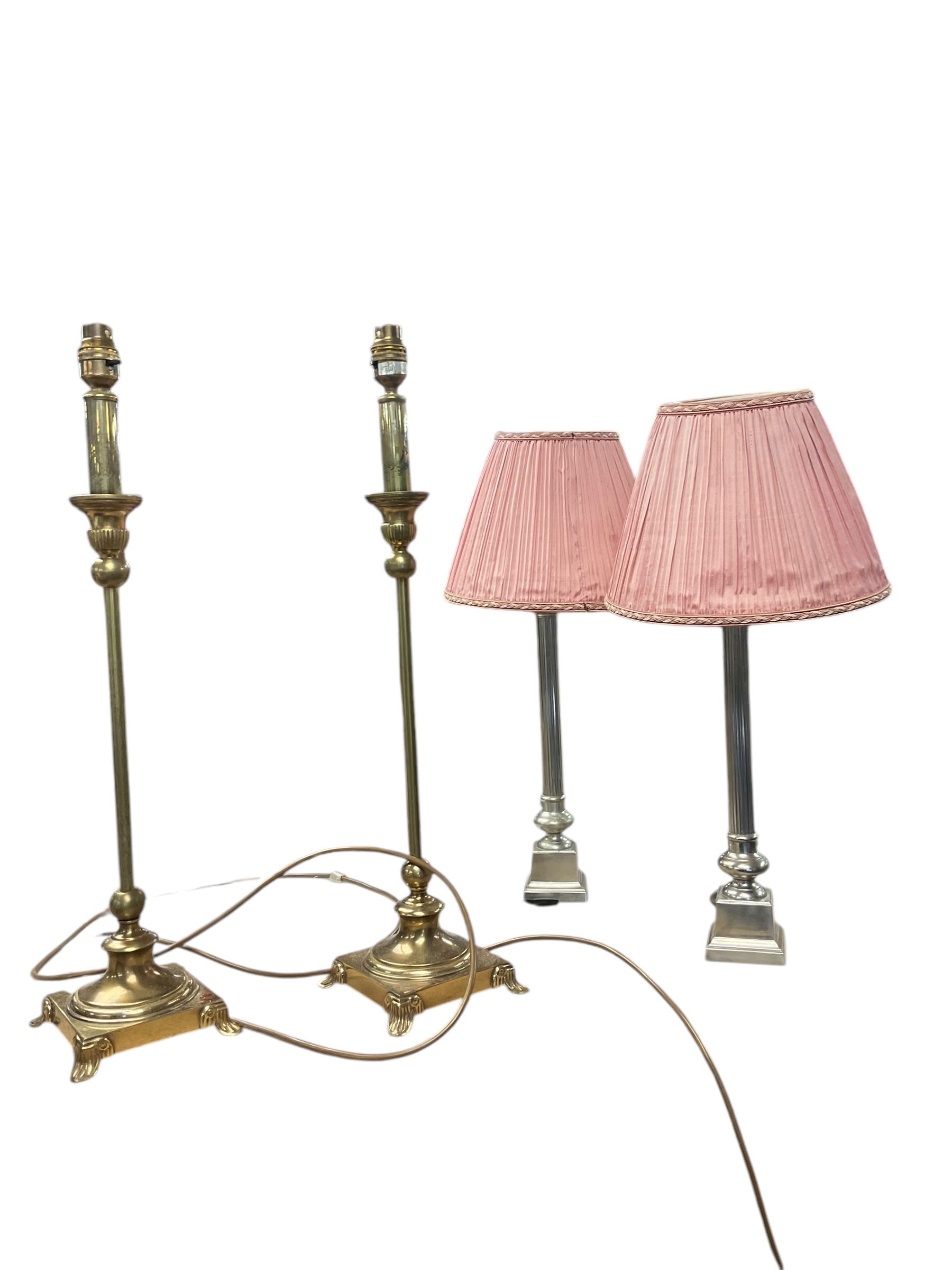 Pair of Corinthian column table lamps, together with a pair of brass table lamps, largest 60cm  