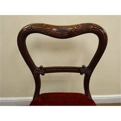  Set of three Gillows William IV rosewood balloon back dining chairs, kidney shaped lotus carved cresting rail and beaded splat, later upholstered seats, on lobed tapering supports. See plate 205, p.221 Gillows of Lancaster by Susan E. Stuart, W47cm (3)  