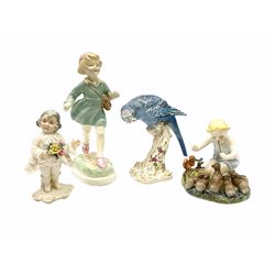 Three Royal Worcester figures, comprising blue Budgerigar modelled upon a branch, model 2664, H14.5cm, Woodland Dance, model 3076  H10cm, and Thursday's child has far to go, model 3522 H20.5cm, together with a Volkstedt figure of a man with flowers, H13cm. 