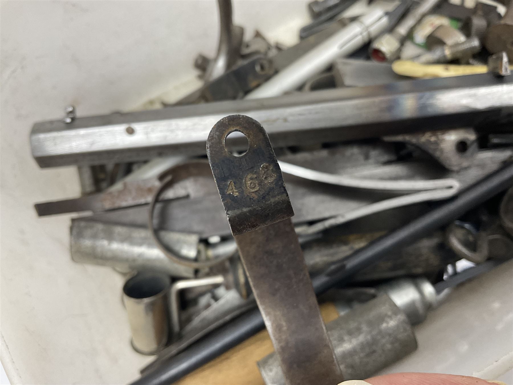 Assorted rifle and pistol spares; early Gem air rifle with sawn off barrel (piece present); telescopic sight; canvas/leather ammunition pouch; Mauser stock; barrel browning solution etc