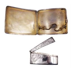 Early 20th century silver cigarette case, of plain rectangular form with engraved coat of arms to front, hallmarked William Neale, Birmingham 1913, H8.5cm, together with an early 20th century silver card case, with hinged opening cover and foliate engraved decoration, hallmarked Smith & Bartlam, Birmingham 1910, L8cm, approximate total weight 5.50 ozt (171 grams)