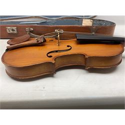 20th century French violin with 36cm one-piece maple back and ribs and spruce top L59cm overall; in mahogany stained wooden carrying case