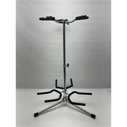 'On-Stage' tubular chrome three-instrument stand; various percussion accessories including 2-tone wood block agogo, pair of claves, tambourine and beaters; four generation penny whistles Bb, two x D and C; Boss GE-7 Equaliser; boxed; two adjustable foot rests; quantity of cables etc