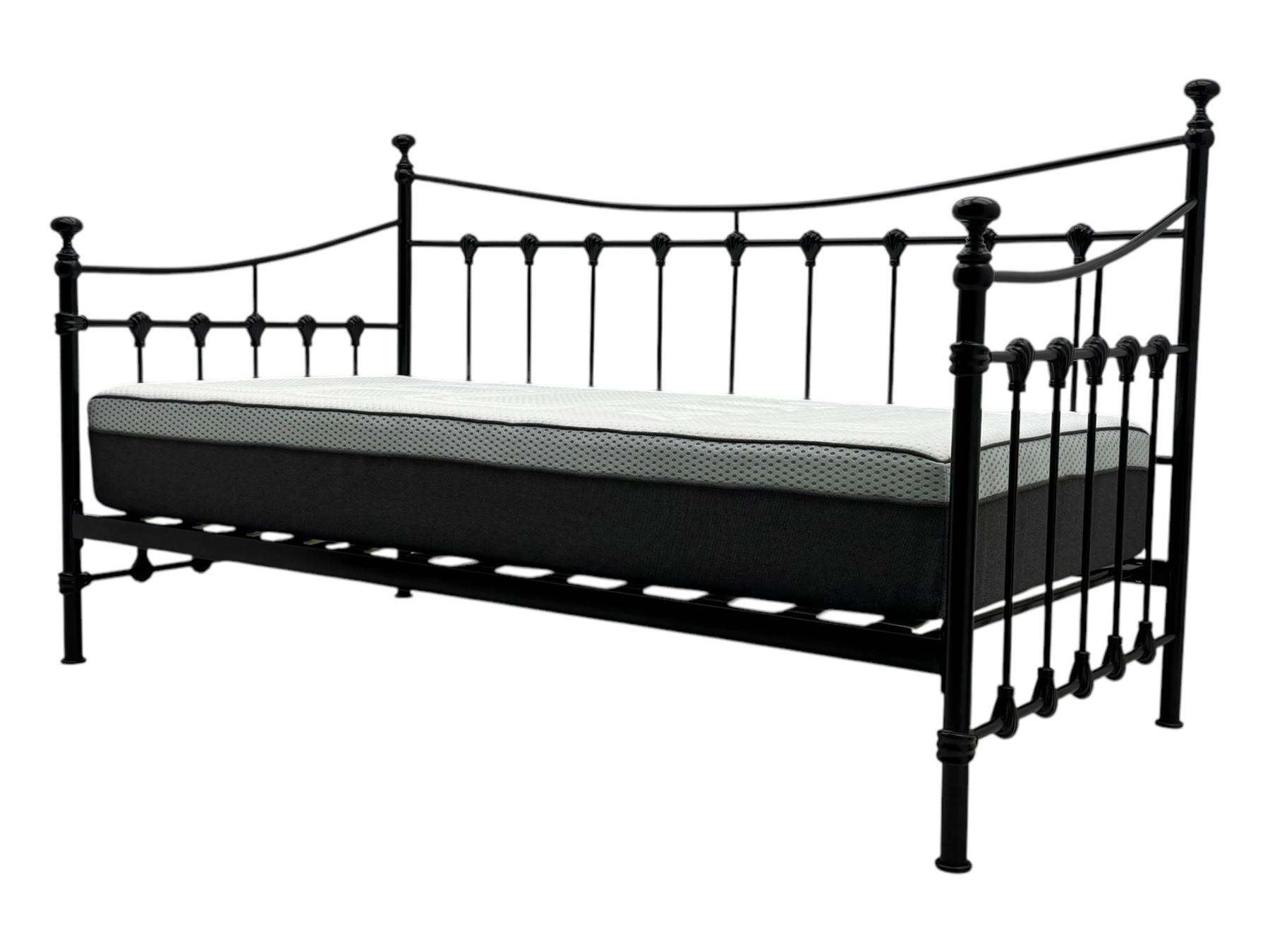 Contemporary Victorian revival black metal day bed, featuring arched back and sides with turned finials and spindle rails, complete with single 'OTTO' mattress