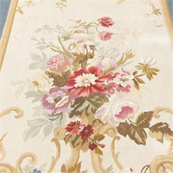 Aubusson flatwoven runner, cream field decorated with floral bouquets and scrolling foliate cartouche, within pale blue outer border and ochre guard bands