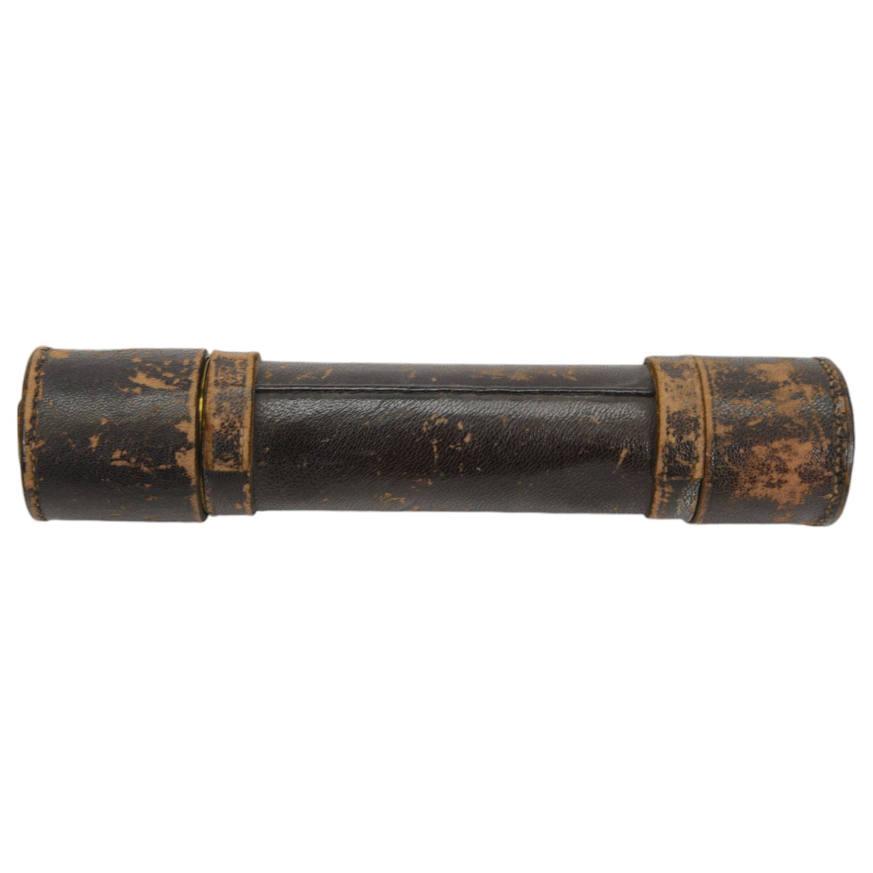 19th century brass and leather bound three draw telescope, with removable leather covers to each end, full length