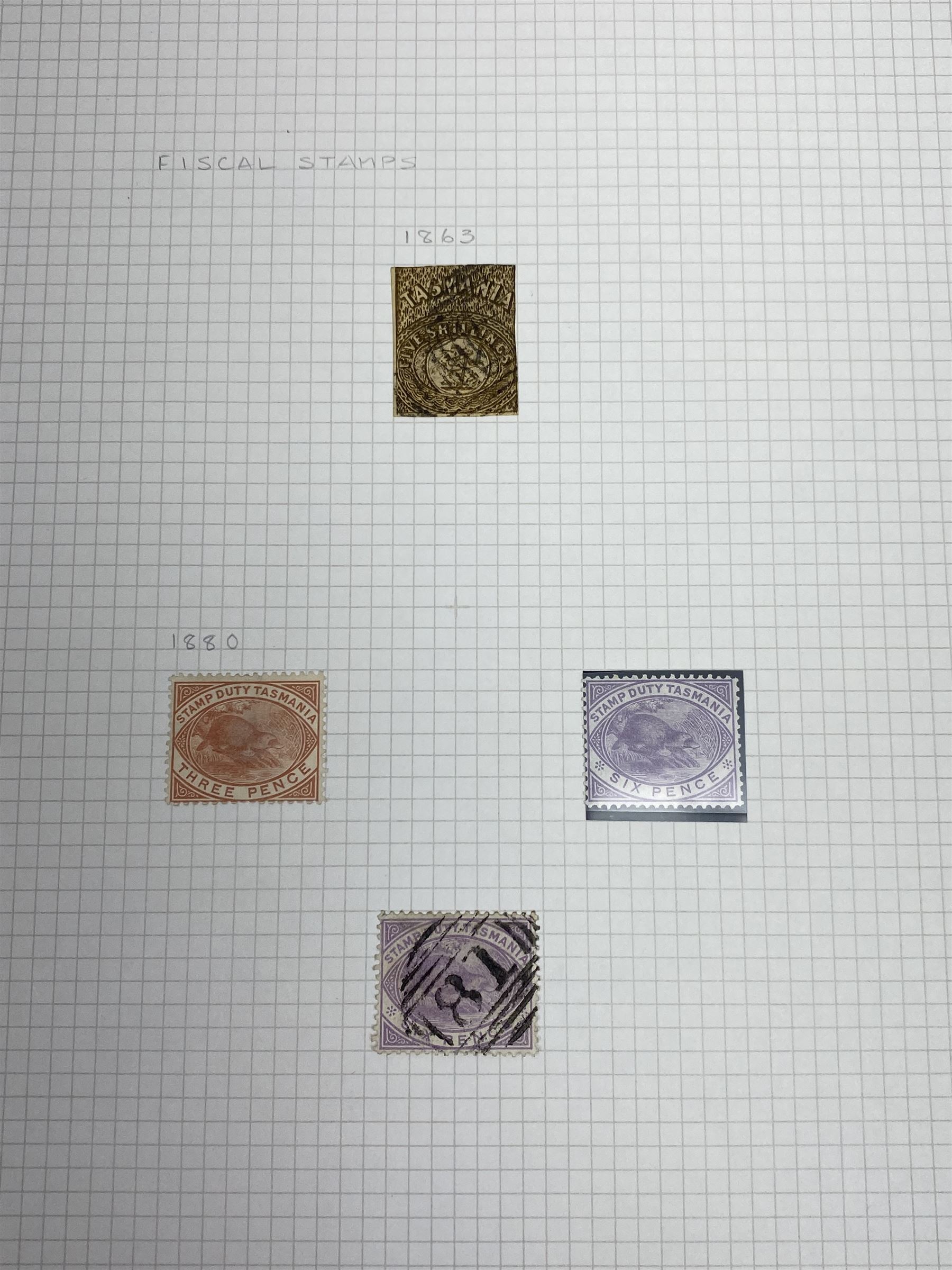 Van Diemen's Land (Tasmania) Queen Victoria and later stamps, including 1853-4 one penny and four penny stamps, 1855 two pence and four pence, 1856 one penny, 1857 various values, 1864-80 various perf issues etc, housed on pages