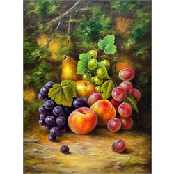 John F Smith (British 1934-): Still Life with Grapes and Peaches, oil on board signed 39cm x 29cm