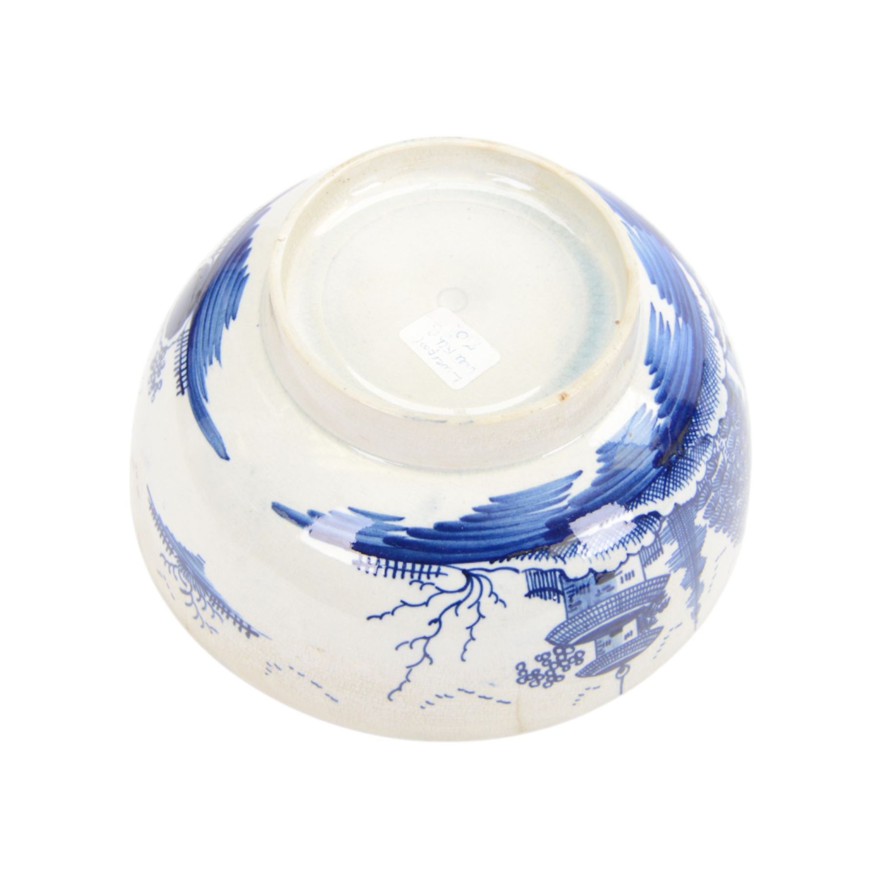 18th century and later English blue and white ceramics, including late 18th century Liverpool bowl with chinoiserie decoration, Worcester teapot decorated with flowering branches, and four leaf bowls, Liverpool bowl D21cm 