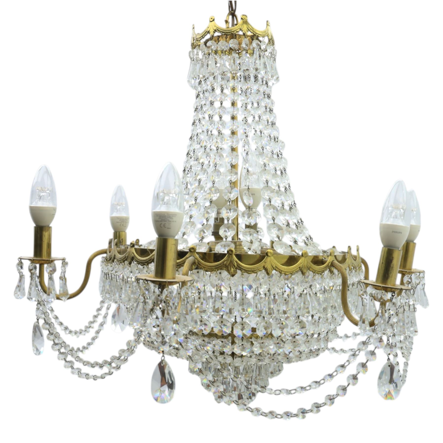 Late 20th century glass six branch chandelier, beaded glass  
