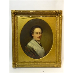  Attrib. Alexander Solomon Hart (British 1806-1881): 'Louisa Anne Miles' - half length portrait, oval oil on canvas unsigned 59cm x 49cm Notes: Louisa (nee Grylls) (1817-1907) wife of William Miles of Drixfield House Exeter, magistrate and philanthropist with a special interest in horse welfare wrote the Treatise on the Horse's Foot . She presented the Queen St. Clock Tower to the City of Exeter in 1897 in her husband's memory  