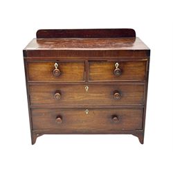 19th century mahogany chest, rectangular top with raised gallery back, fitted with two short and two long cockbeaded drawers, each with bone escutcheon, on shaped bracket feet