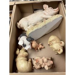 Collection of model pigs, Staffordshire Woodland Collection figures, trophies etc in three boxes