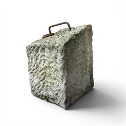 19th century carved tethering stone, square sloping form with iron work loop