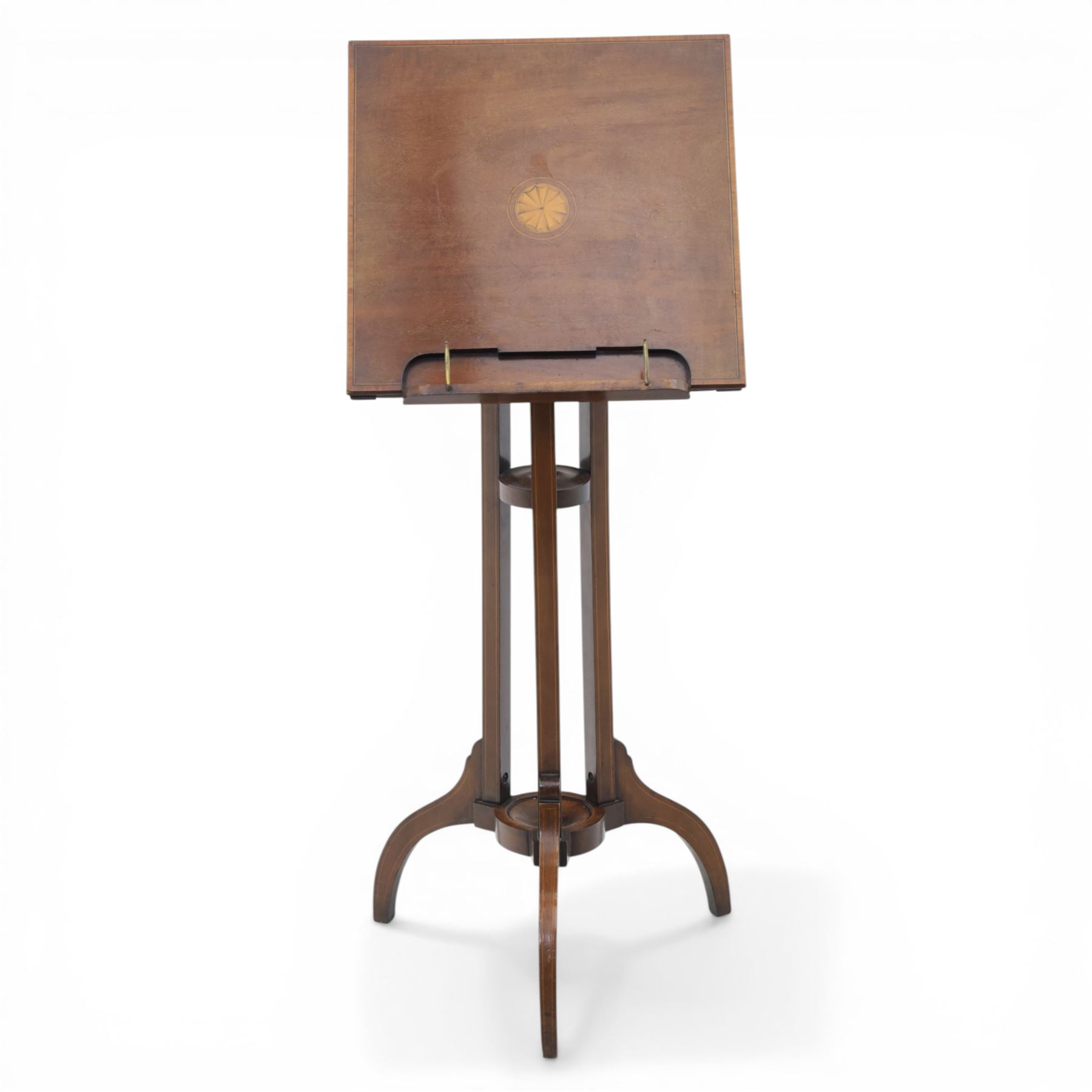 Edwardian inlaid adjustable music stand, with central shelf motif, folding sheet music holder, raised on an adjustable column above three splayed supports 