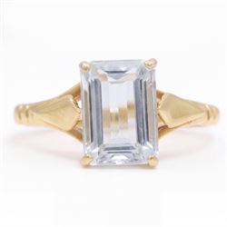 Early - mid 20th century gold aquamarine ring, four claw set with a single emerald cut aqu...
