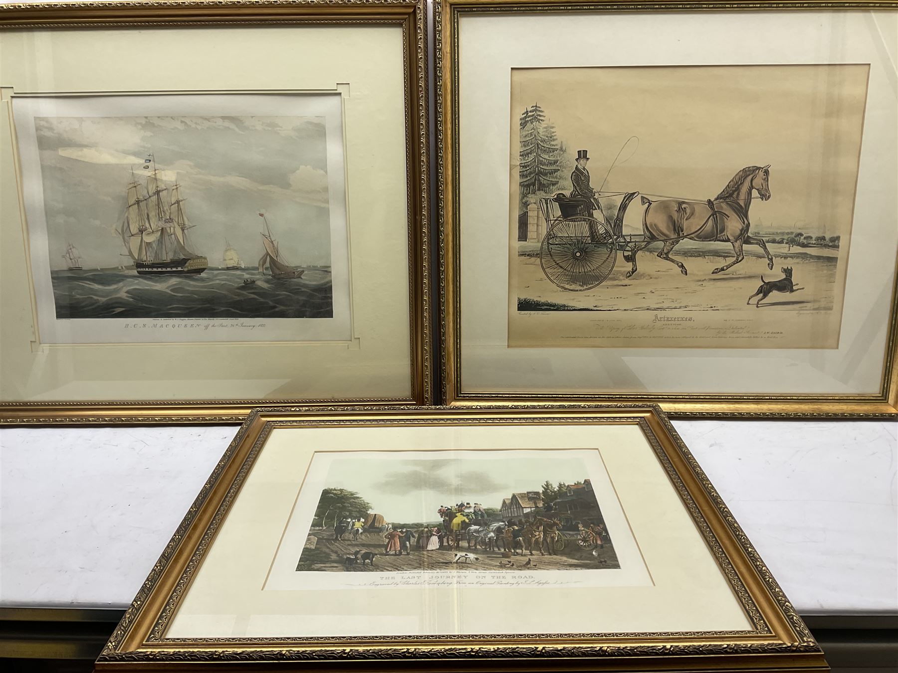  Charles Rosenberg (British 19th century) after William John Huggins (British 1781-1845): 'H C S Macqueen', colour engraving pub. 1834; Richard Gilson Reeve (British 1803-1889) after Francis Calcraft Turner (British 1795-1865): 'Artaxerxes' colour engraving pub. 1838;  Charles Rosenberg (British 19th century) after Jacques Laurent Agasse (Swiss 1767–1849): 'The Last Journey on the Road', colour engraving pub. 1833 max 40cm x 56cm (4)